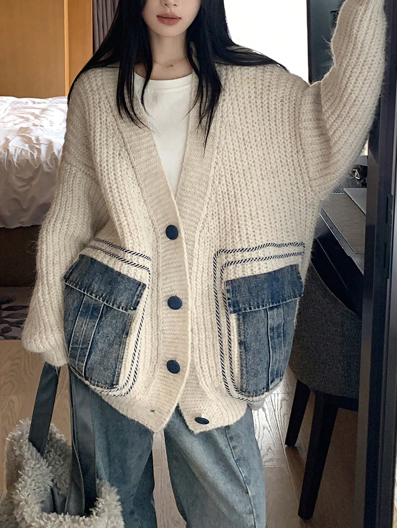 Pocket Decor Drop Shoulder Oversized Cardigan | SHEIN