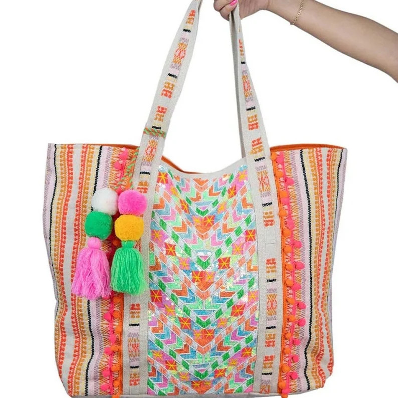 Multicolored Chevron Arrows Sequined Big Tote Bag, Summer Tote Bag, Beach Bag, Pink Tote Bag, Wom... | Etsy (US)