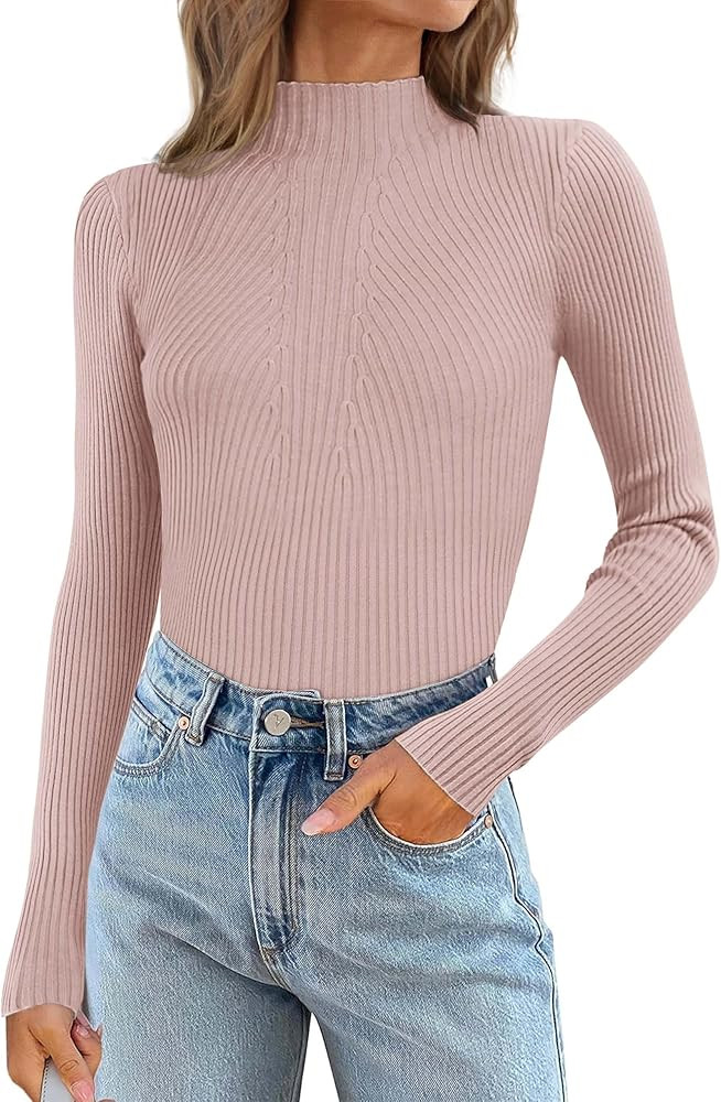 ATHMILE Women's 2025 Fall Long Sleeve Pullover Ribbed Knit Sweater Low Mock Neck Slim Fit Basic C... | Amazon (US)