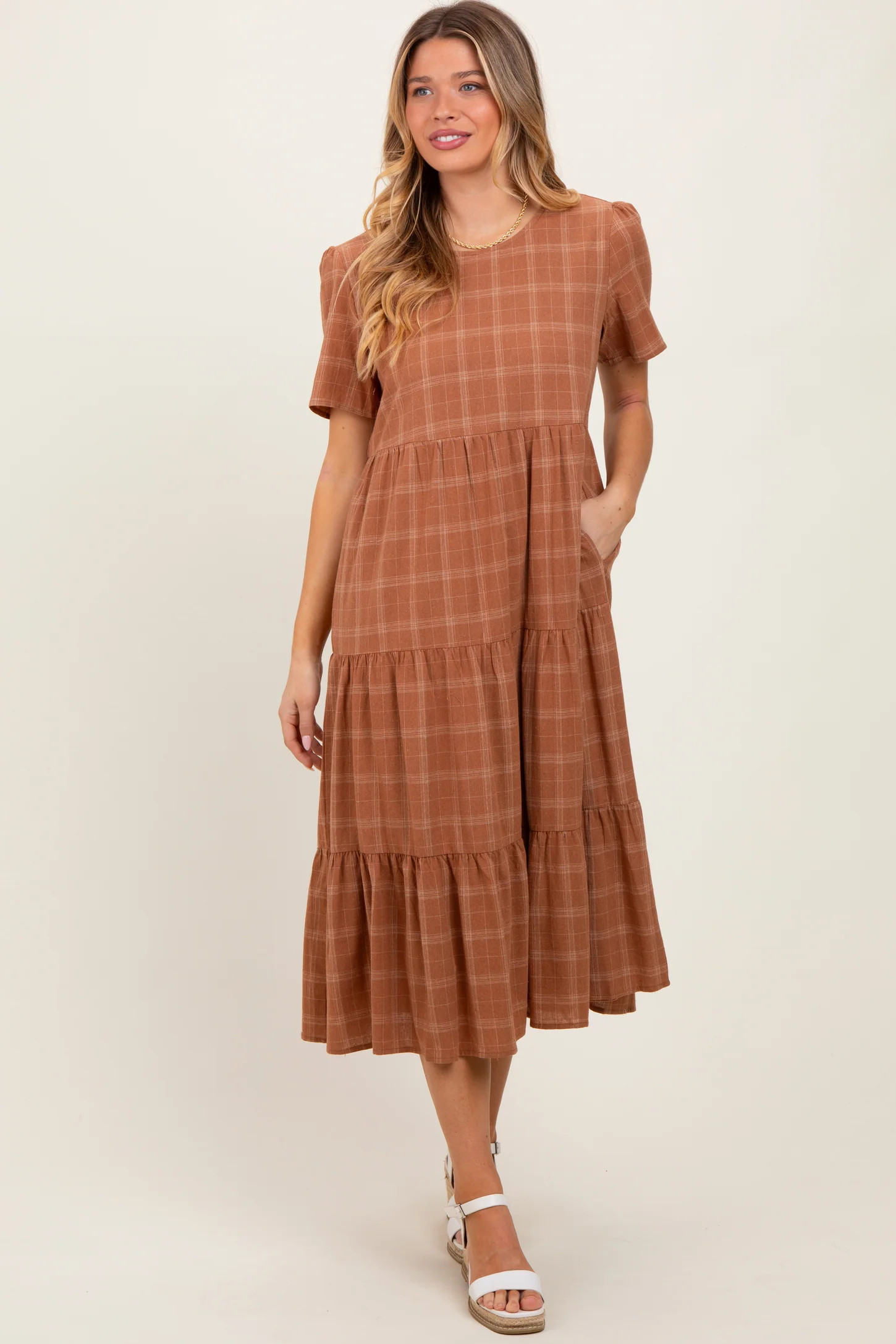 Ivory Plaid Tiered Short Sleeve Dress | PinkBlush Maternity
