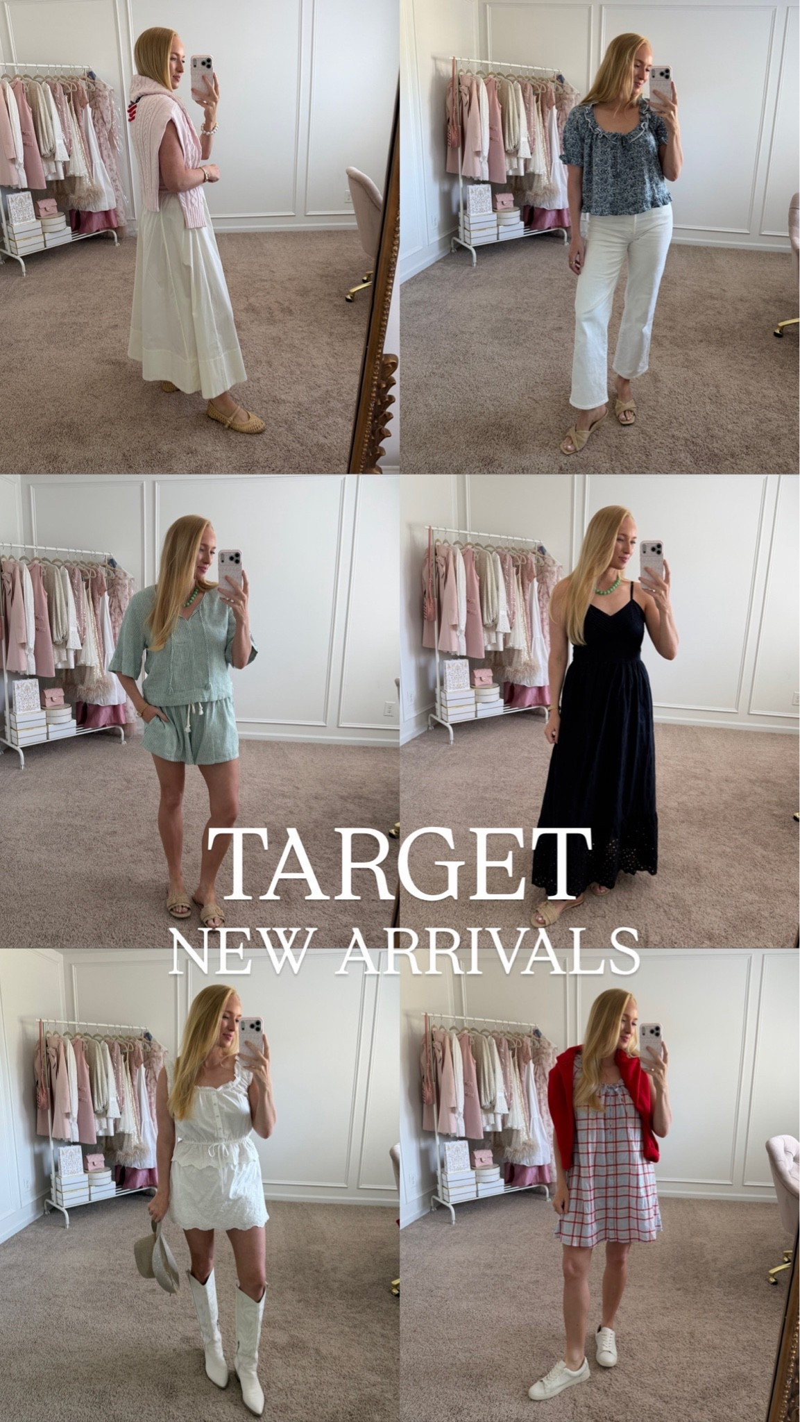 New target try on haul coming to YouTube this week! So many cute, easy summer staples on a budget. I’m wearing a size small in everything here except a medium in the pink flag sweater over my shoulders (it runs oversized as is)