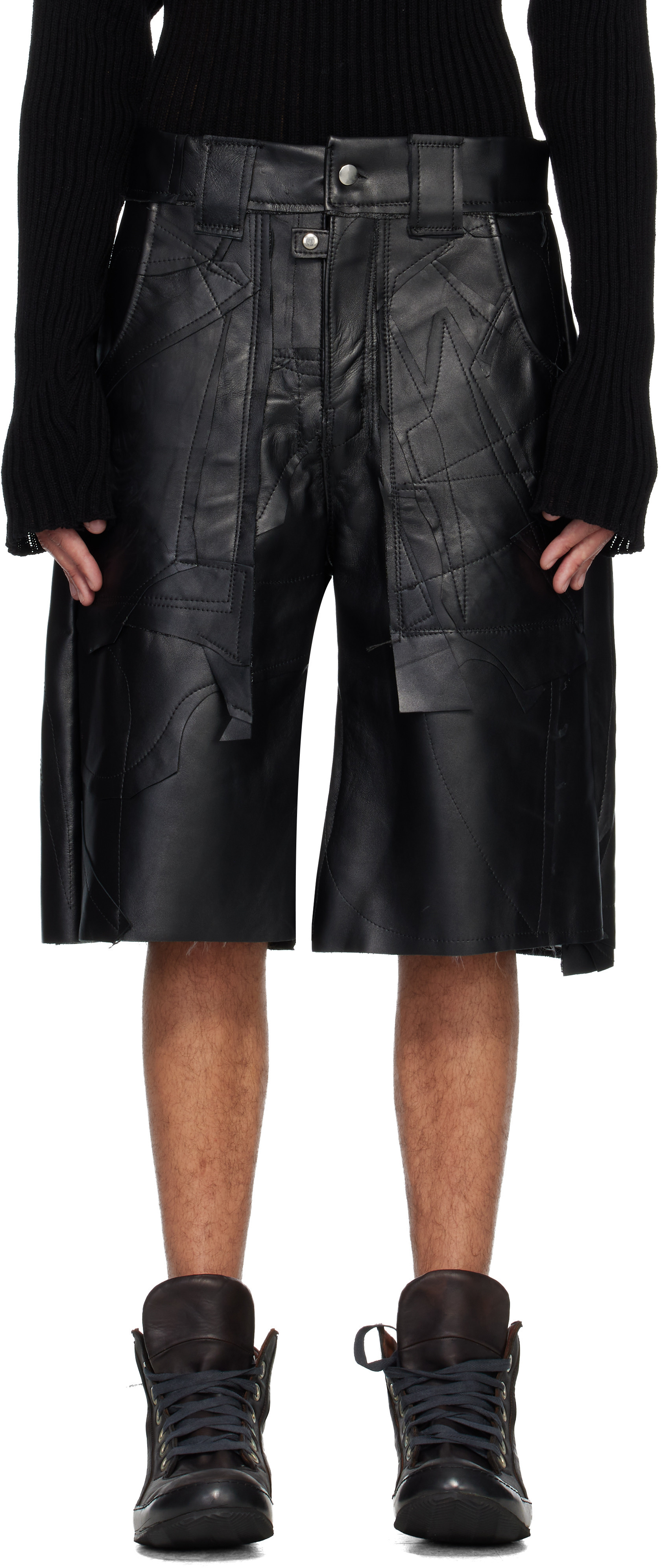 Swampgod Black Patchwork Leather Beach Shorts | SSENSE