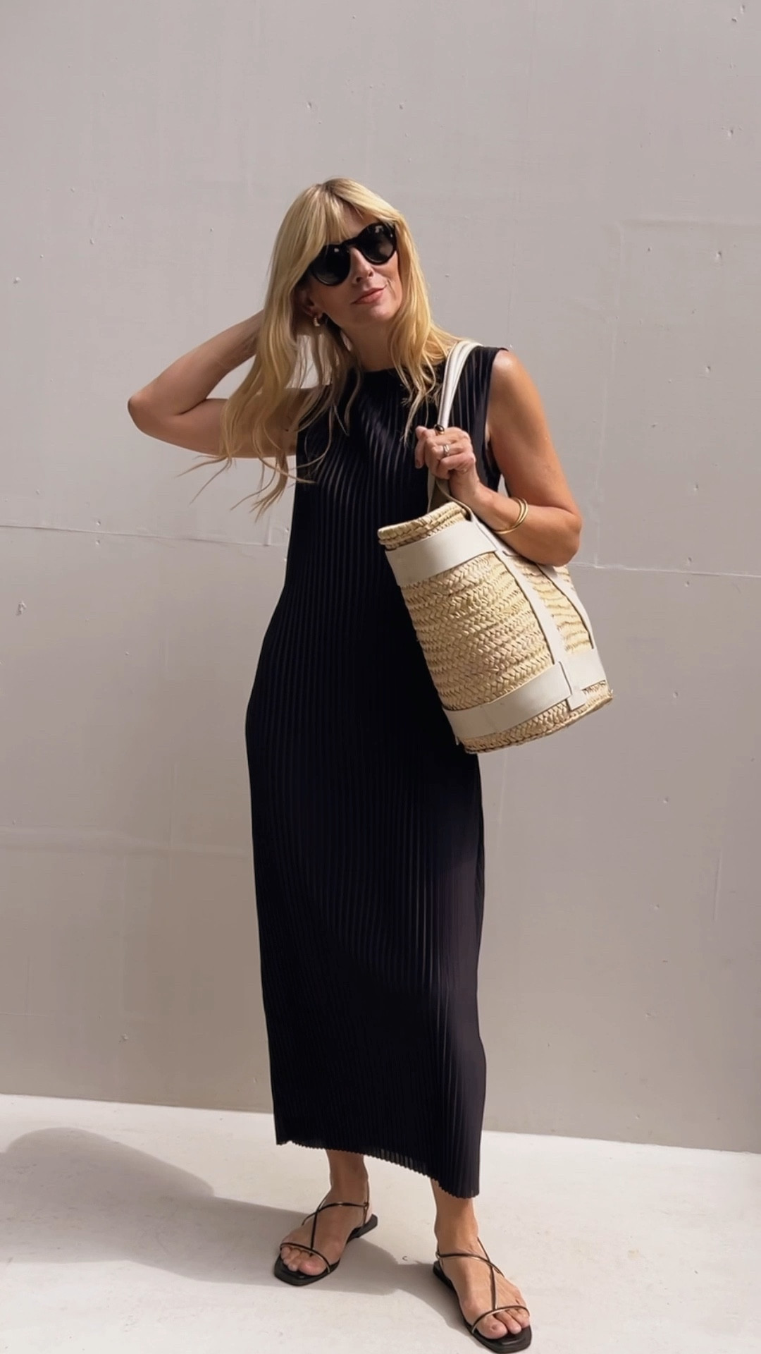 Maxi sleeveless pleated dress, straw beach bag, sandals, sunglasses 

#LTKstyletip #LTKHoliday #LTKSeasonal