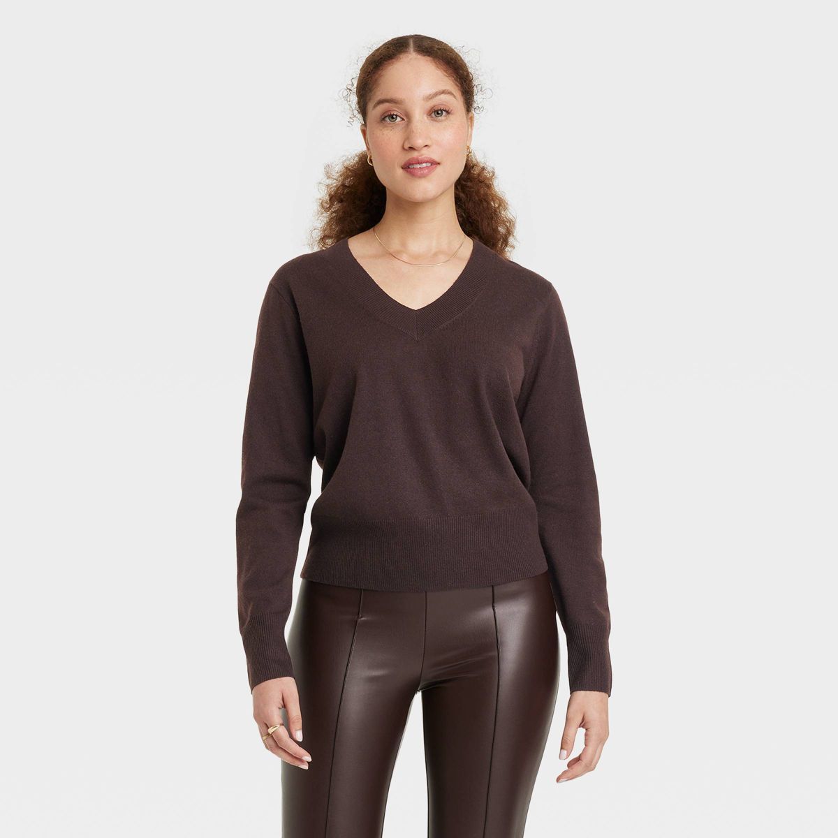 Women's Fine Gauge V-Neck Sweater - A New Day™ Dark Brown S | Target