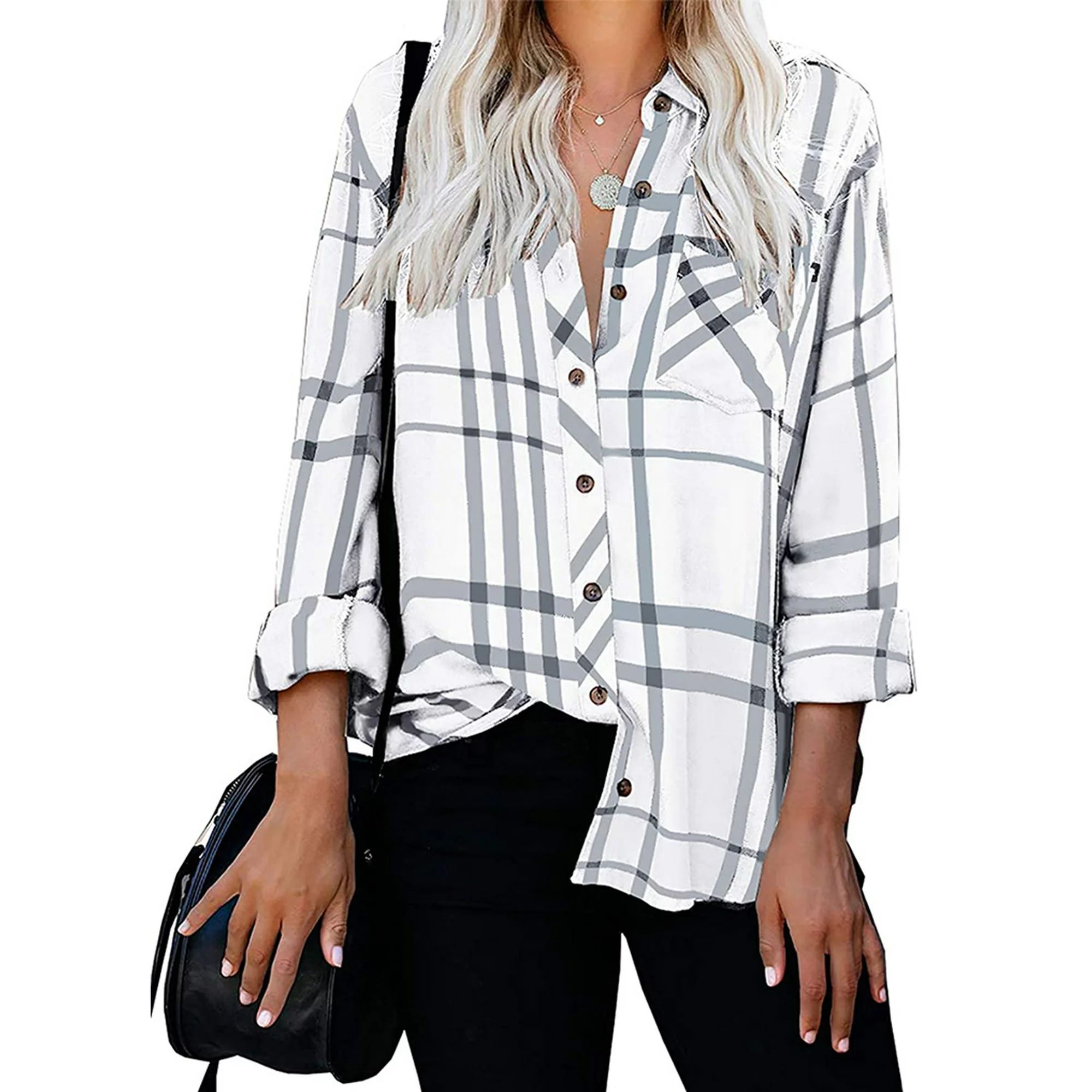Arttop Women Long Sleeve V-Neck Stripes Plaid Casual Blouses Pocket Button Down Shirt Tops | Walmart (US)