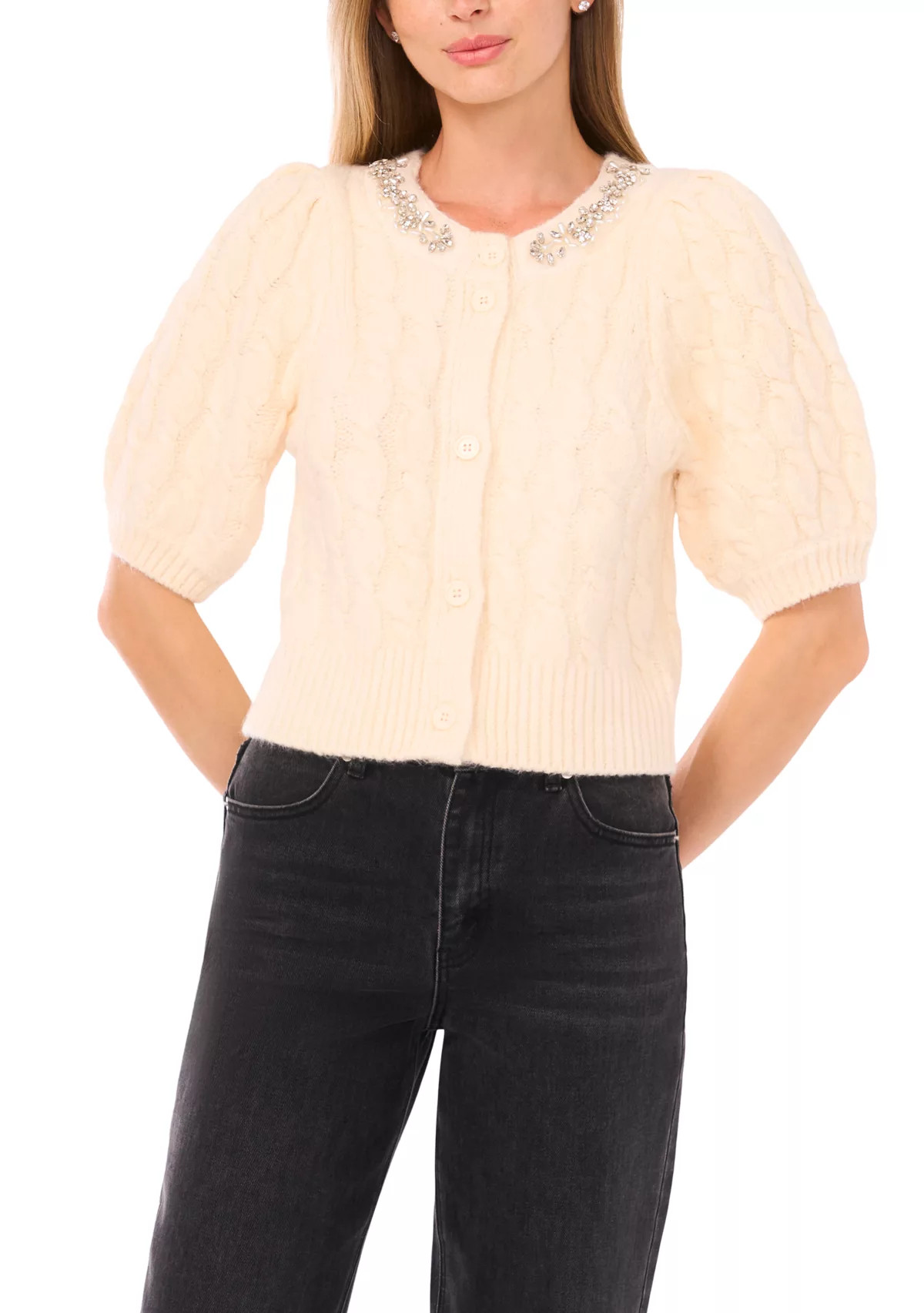 Women's Elbow Sleeve Bling Necklace Cable Cardigan | Belk