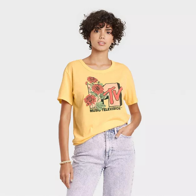 Women's MTV Floral Print Logo Short Sleeve Graphic T-Shirt | Target