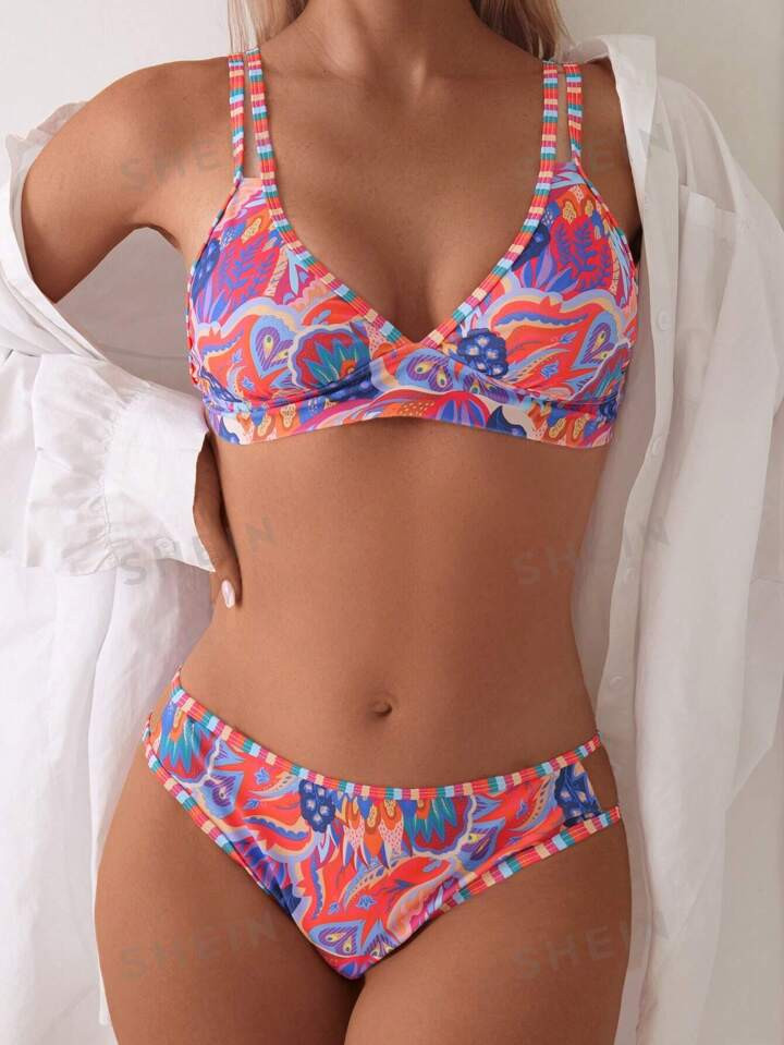 SHEIN Swim Women Tropical Plant Print Sexy Bikini Set For Vacation, Random Print,Summer Beach | SHEIN