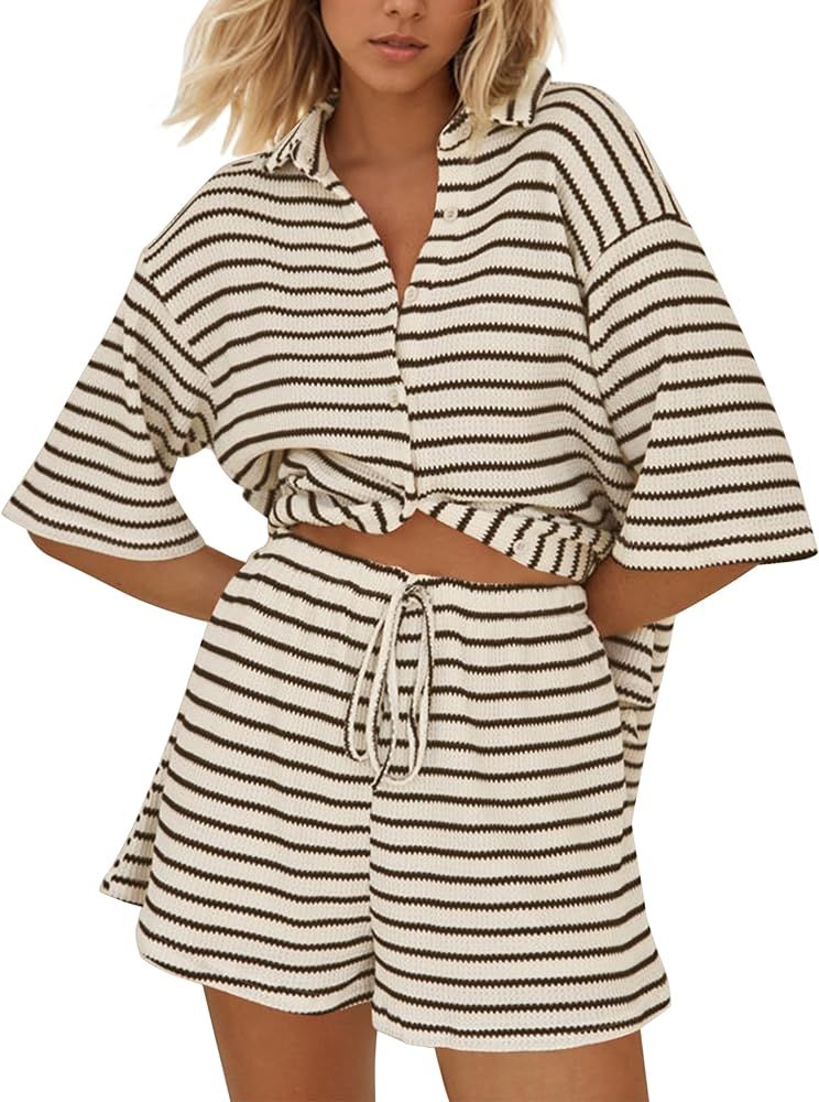 MISSACTIVER Women Stripe 2 Piece Lounge Set Knit Short Sleeve Button Down Shirts Shorts Loose Fit... | Amazon (US)