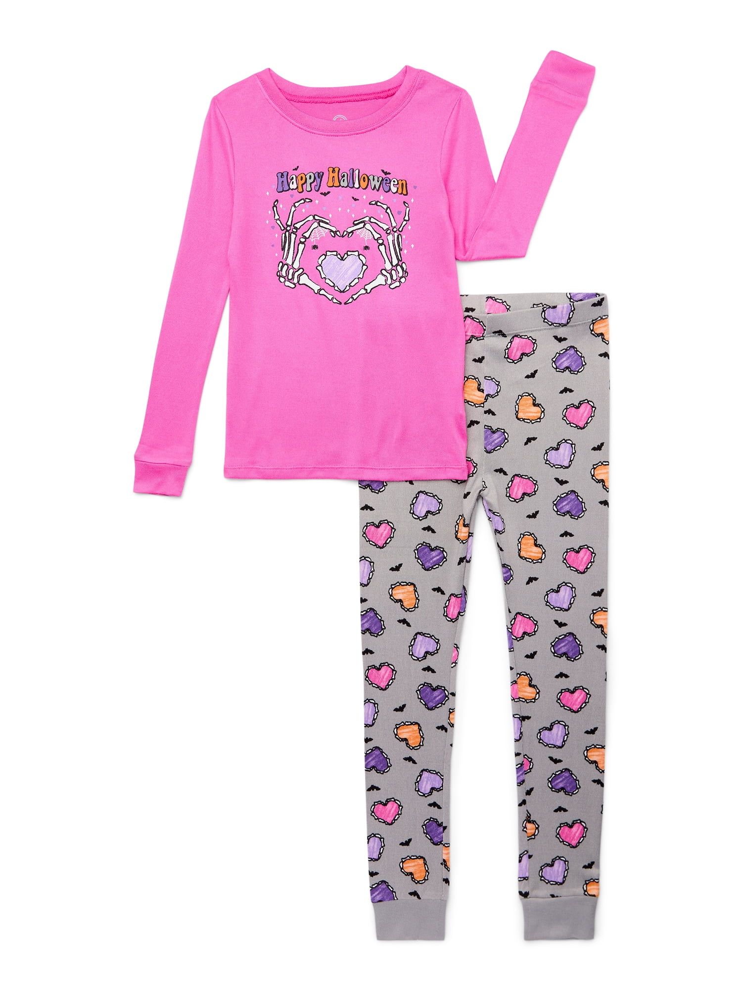 Wonder Nation Girls Halloween Tight Fit Long Sleeve Top and Pant 2 Piece Pajama Set, Sizes 4-10 -... | Walmart (US)