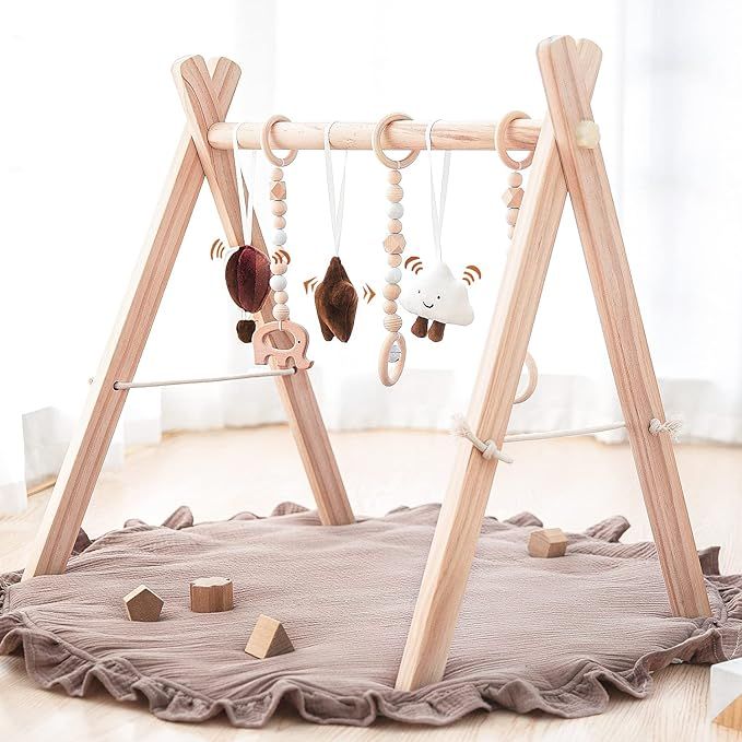 Razee Wooden Baby Play Gym Play Mat, Baby Gym with 6 Hanging Sensory Toys Foldable Baby Gym | Amazon (US)