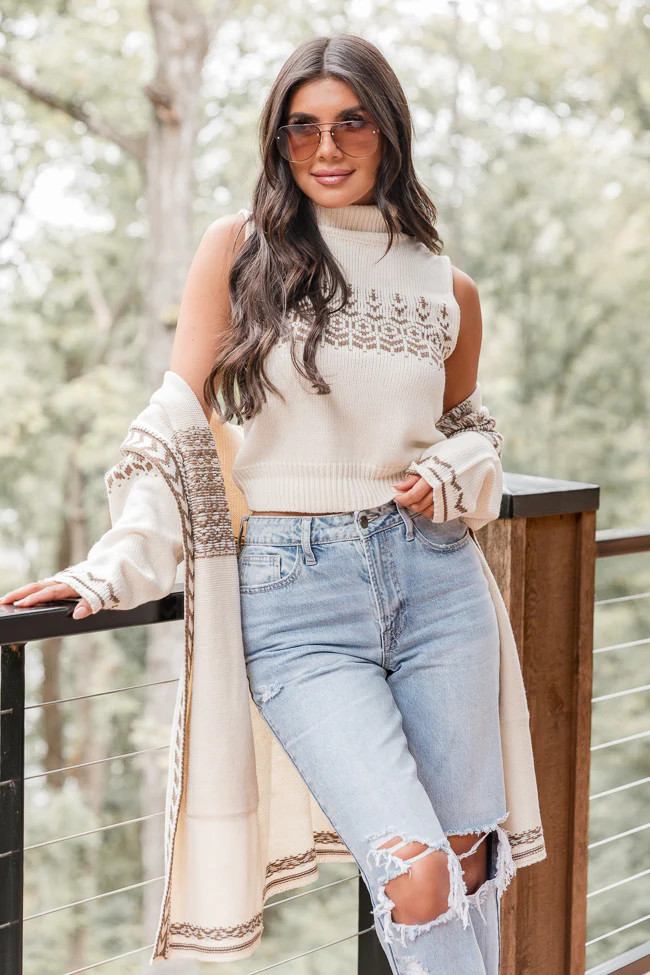 Quick Decisions Cream And Brown Printed Sweater Tank And Cardigan Set | Pink Lily
