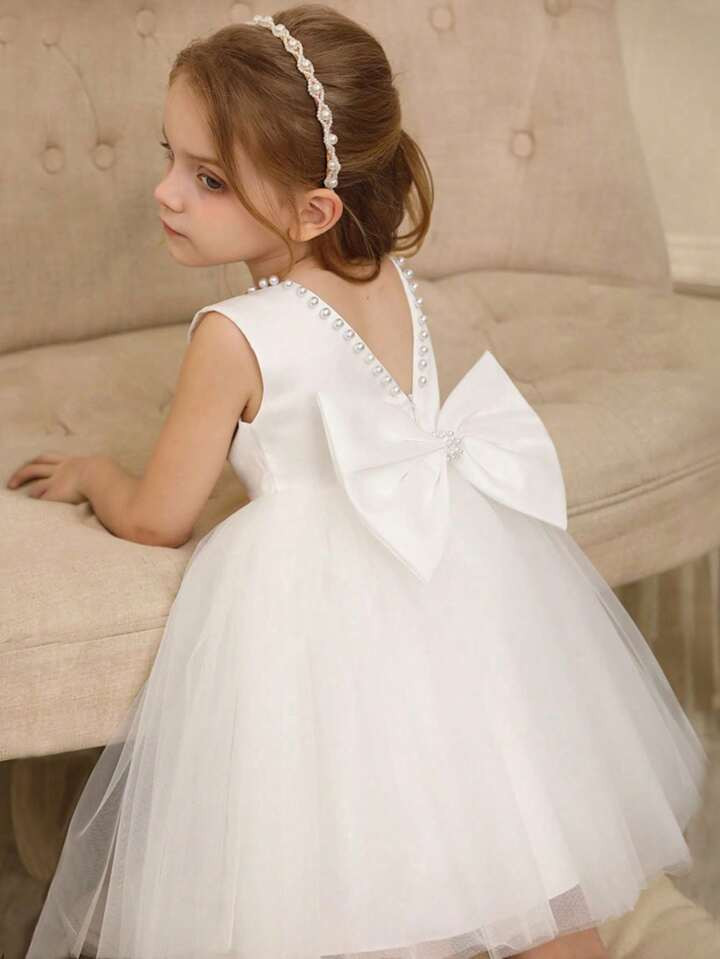 High-End Young Girl Pearl Hollow Back Detachable Bow Mesh Princess Dress, Flower Girl Wedding Par... | SHEIN