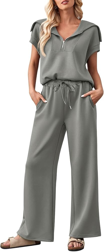 MEROKEETY Women 2 Piece Outfits Sweatsuit Set Half Zip Lapel Collar Short Sleeve Sweatshirt Wide ... | Amazon (US)