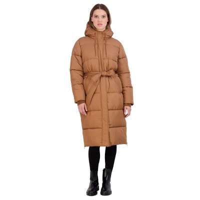 Women's Long Puffer Jacket Coat with Hood - S.E.B. By SEBBY Duck Brown X-Large | Target