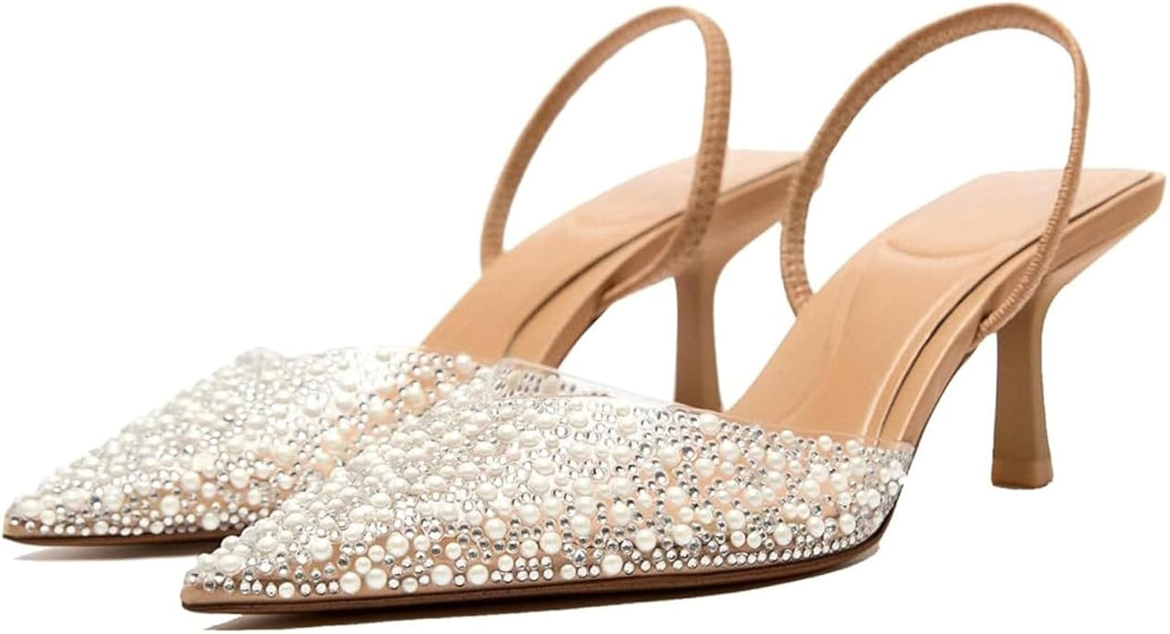 MRKEWUNEY Fashion Rhinestone Clear Slingback Pumps Shoes for Women Pointed Toe PVC Kitten Heels | Amazon (US)