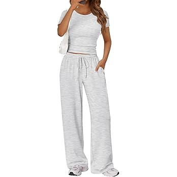 Trendy Queen 2 Piece Matching Summer Sweatsuit Lounge Set Womens Wide Leg Pants Side Ruching Crop... | Amazon (US)