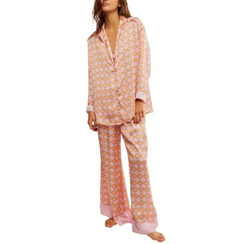 Fenghualzzniya Women Satin Pajama Set Floral Silk Pajamas 2 Piece Lounge Sets Button Down Shirts Wide Leg Pants Pjs Sleepwear, Light Orange, Small | Amazon (US)