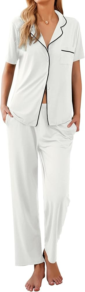 Ekouaer Women Pajamas Set Button Down Sleepwear Short Sleeve Nightwear with Long Pants Soft Pjs S... | Amazon (US)
