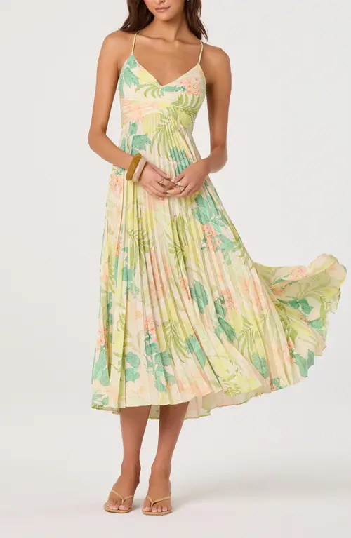 ASTR the Label Blythe Pleated Maxi Dress in Green Peach Tropical at Nordstrom, Size Medium | Nordstrom