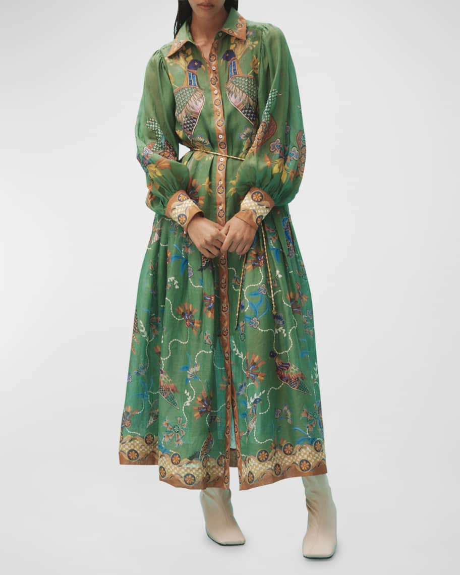 ALEMAIS Birdie Print Balloon-Sleeve Midi Shirtdress | Neiman Marcus