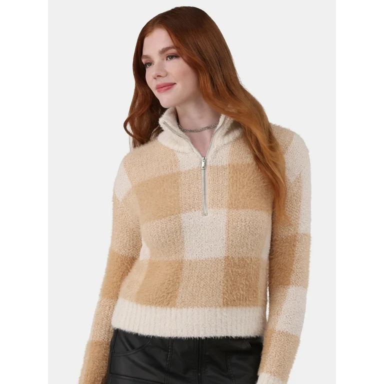 No Boundaries Plaid Quarter Zip Pullover Sweater, Women's and Women’s Plus | Walmart (US)