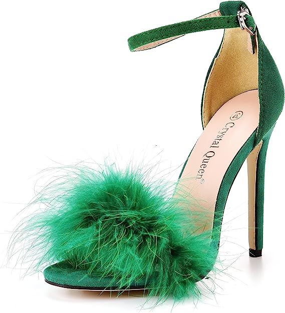 Crystal Queen Size 12 Women's Open Toe Ankle Strap Fluffy Feather Stiletto Heels Sandals Dress Sa... | Amazon (US)