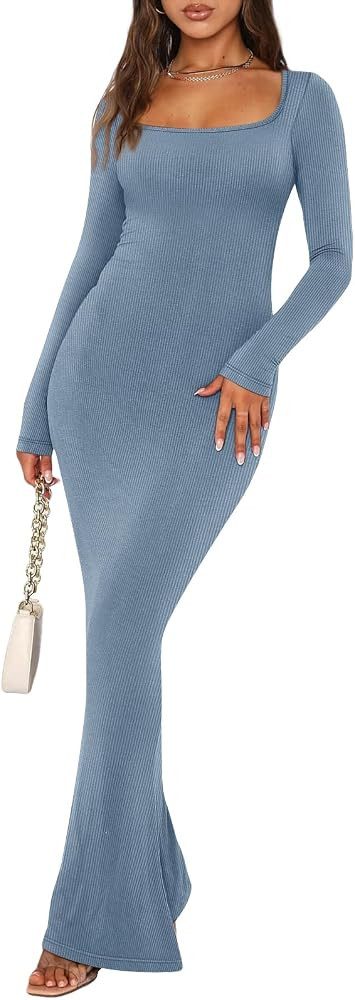 Women's Bodycon Maxi Dress Square Neck Casual Ribbed Slim Fit Lounge Dress | Amazon (US)