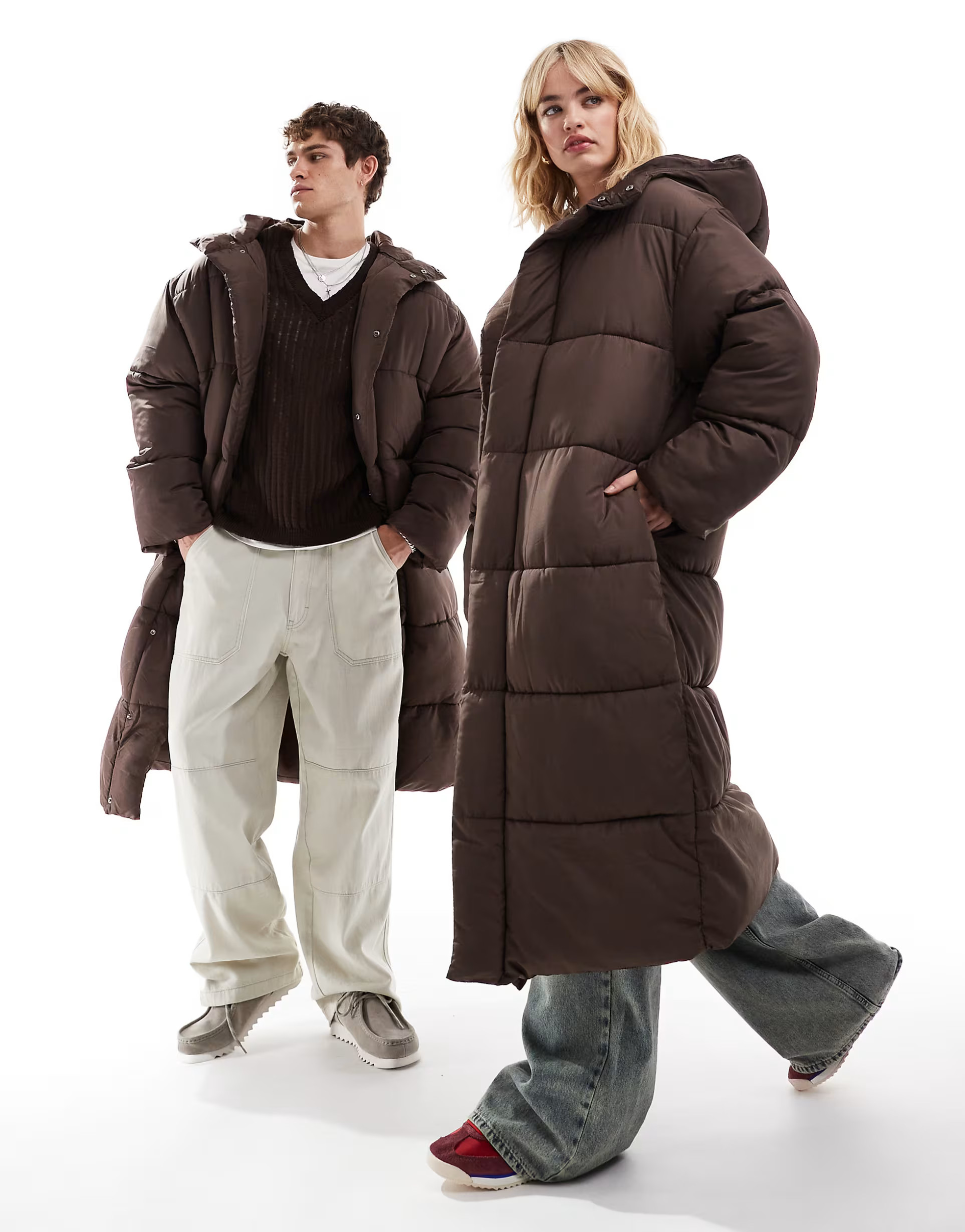 COLLUSION Unisex maxi puffer jacket with hood in brown | ASOS (Global)