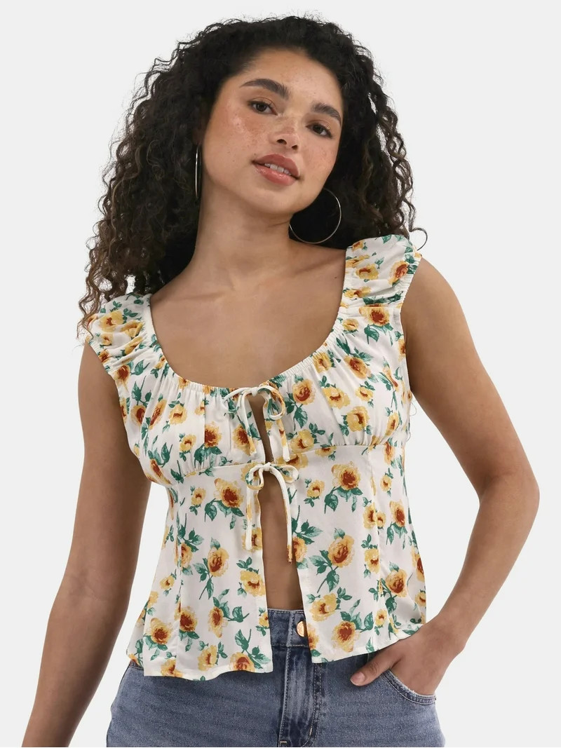 No Boundaries Tie Front Peasant Top, Women's | Walmart (US)