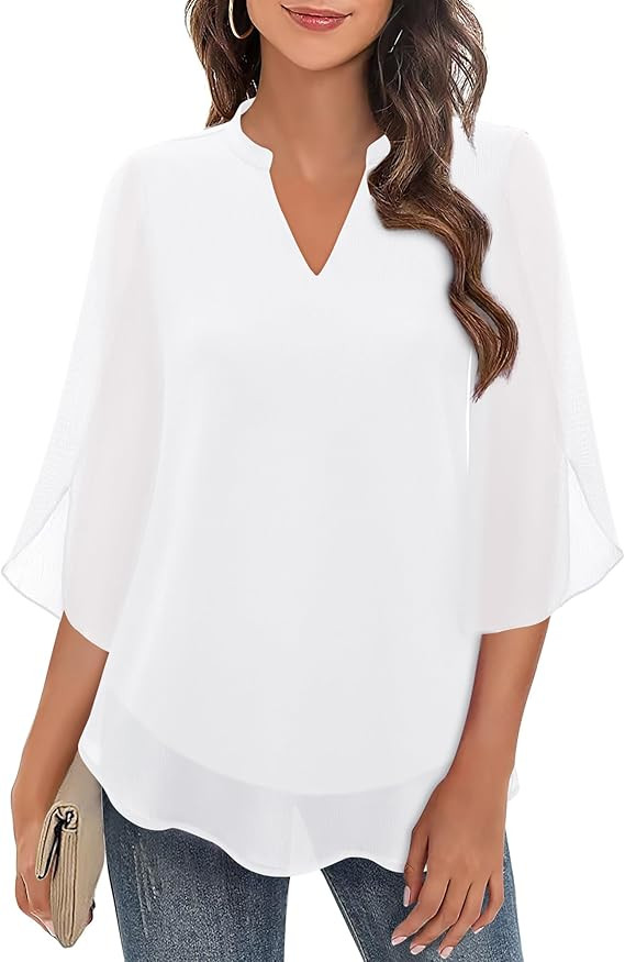 Bebonnie Womens Tops Dressy Casual Ruffle 3/4 Sleeve V Neck Double Layers Chiffon Blouses Tops | Amazon (US)