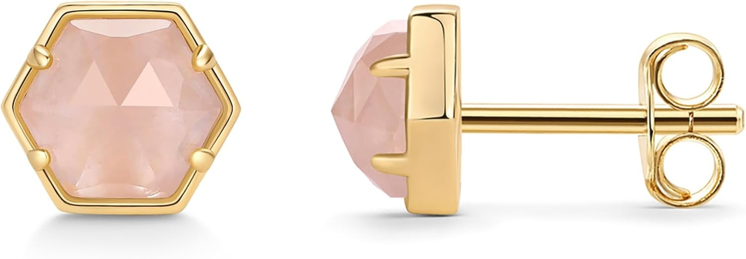PAVOI 14K Gold Plated Hexagon Gemstone Earrings for Women, Birthstone Studs | Amazon (US)