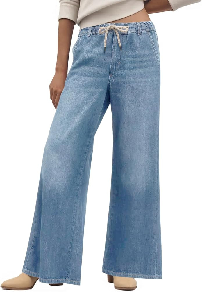 Cicy Bell Womens Wide Leg Flare Jeans Casual Drawstring High Waist Vintage Denim Pants with Pocke... | Amazon (US)