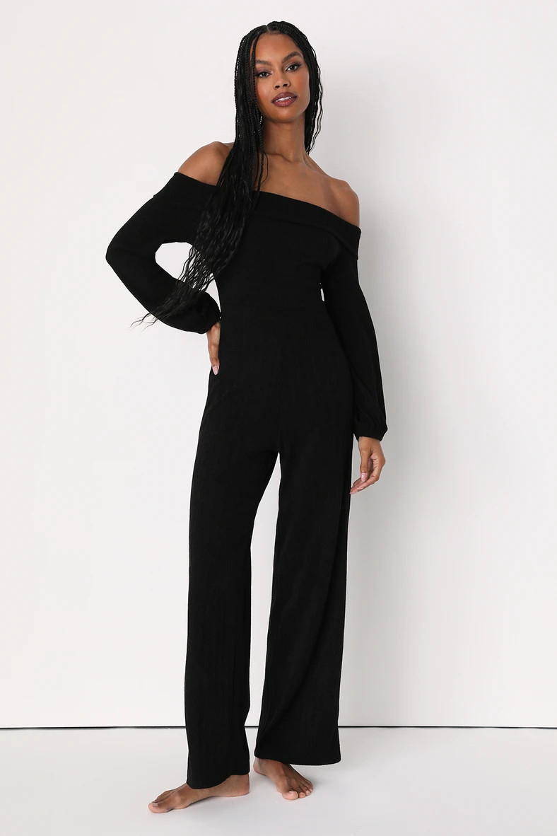 Luxe Leisure Black Ribbed Off-The-Shoulder Long Sleeve Jumpsuit | Lulus (US)