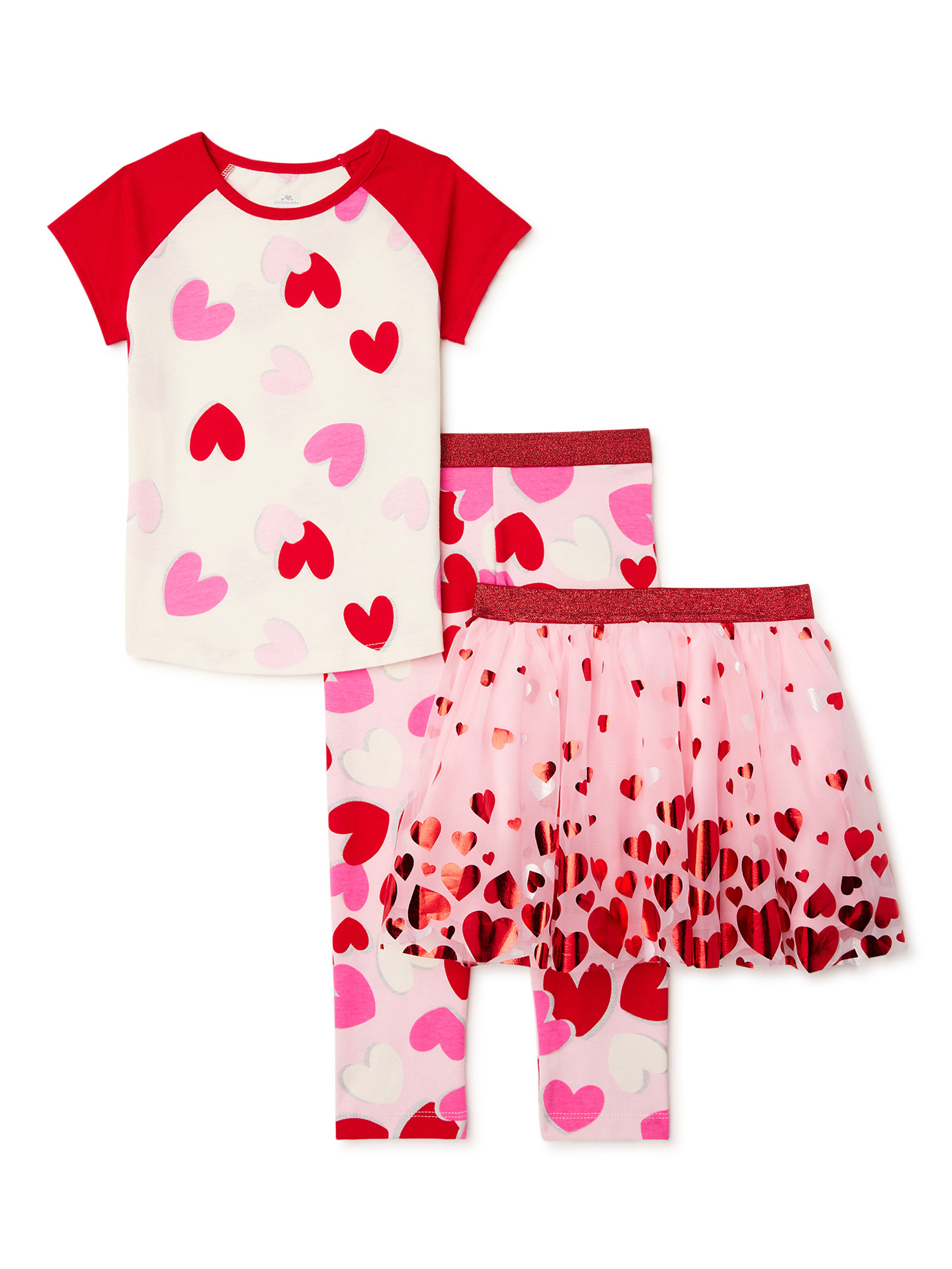 Valentine's Day Toddler Girl Short Sleeve T-Shirt, Legging, & Tutu Skirt Outfit Set, 3-Piece, Siz... | Walmart (US)