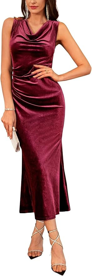 GRACE KARIN 2025 Velvet Wedding Guest Dresses for Women, Fall Formal Cocktail Maxi Dress, Cowl Ne... | Amazon (US)