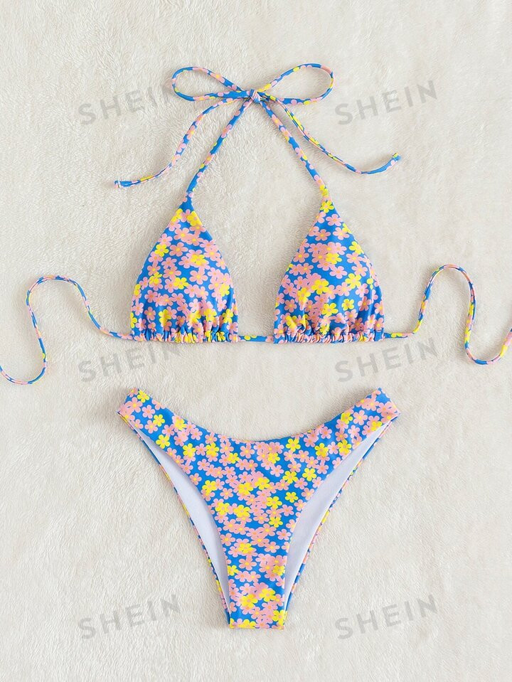 Ditsy Floral Halter Triangle Bikini Swimsuit | SHEIN