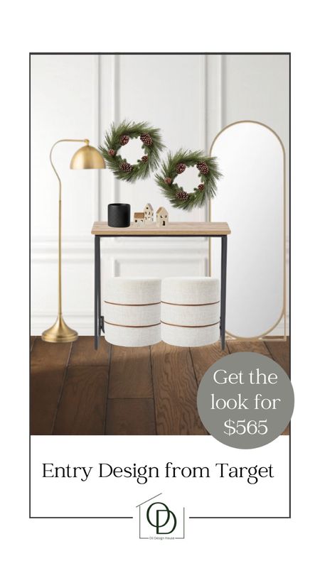 A simple holiday entryway table, minimally styled for Christmas. 

The entire design board is completed with items from target and costs only $565!

Minimal wreath, classic wreath, gold floor mirror, brass floor mirror, brass floor lamp, schoolhouse floor lamp, modern design, minimal design, ceramic houses, ceramic village, black vase, minimal console table, modern console table, leather pouf, pouf ottoman, Boucle pouf  

#LTKunder50 #LTKhome #LTKHoliday