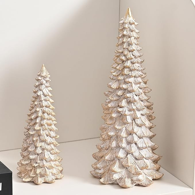 Resin Christmas Tree Figurines, 2Pcs Distressed White with Gold Table top Christmas Trees, Small ... | Amazon (US)