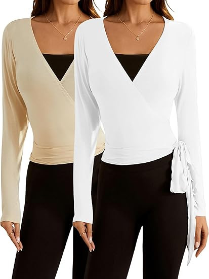 SweatyRocks Women's 2 Pack Yoga Shirts Wrap Ruched Tie Front Long Sleeve Workout T Shirts | Amazon (US)