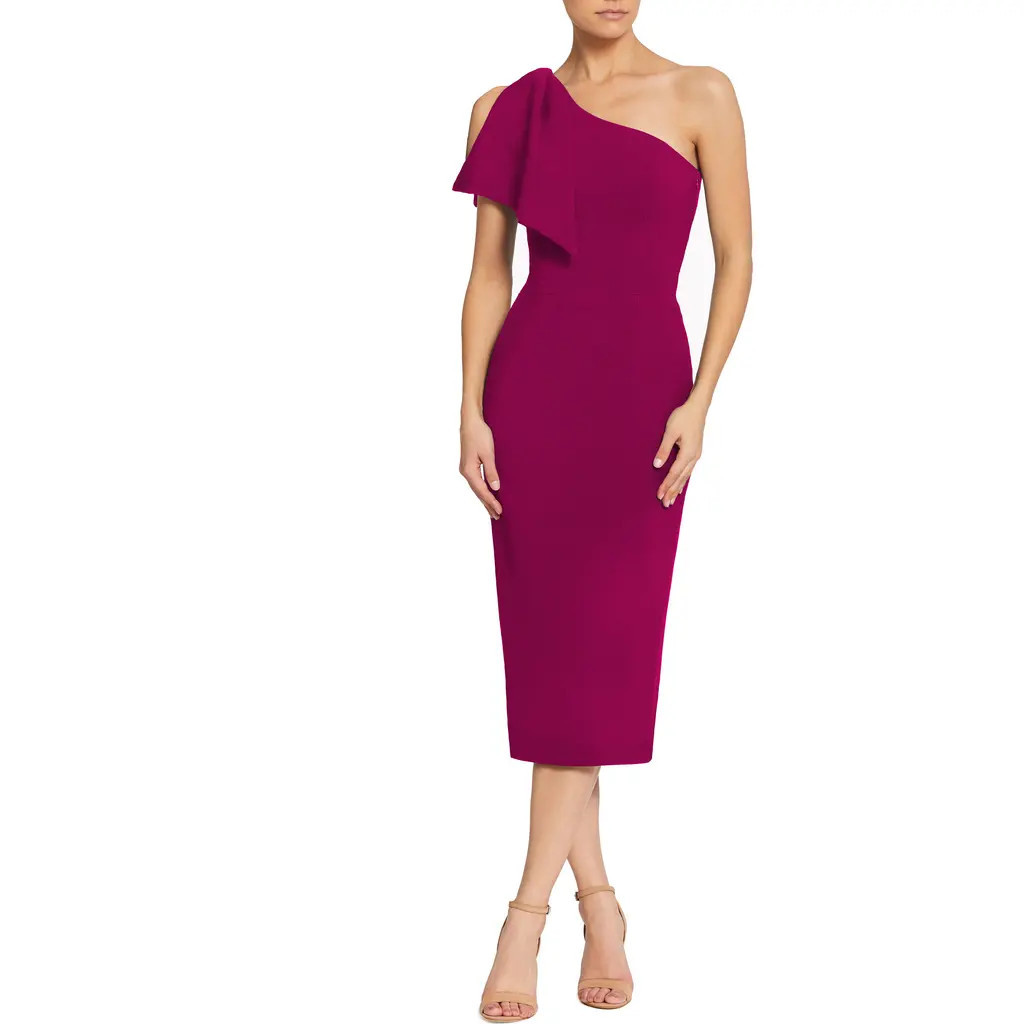 Dress the Population Tiffany One-Shoulder Midi Dress in Dark Magenta at Nordstrom, Size Xx-Small | Nordstrom