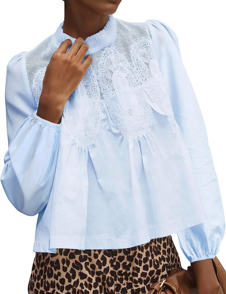Lentta Women's Lace-Detail Flared Blouse Long Sleeve Crew Neck Poplin Mesh Swing Babydoll Tops El... | Amazon (US)
