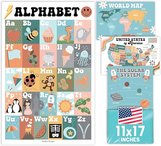 Hadley Designs 4 Alphabet, Map of United States, World Map, & Solar System Posters - Laminated AB... | Amazon (US)