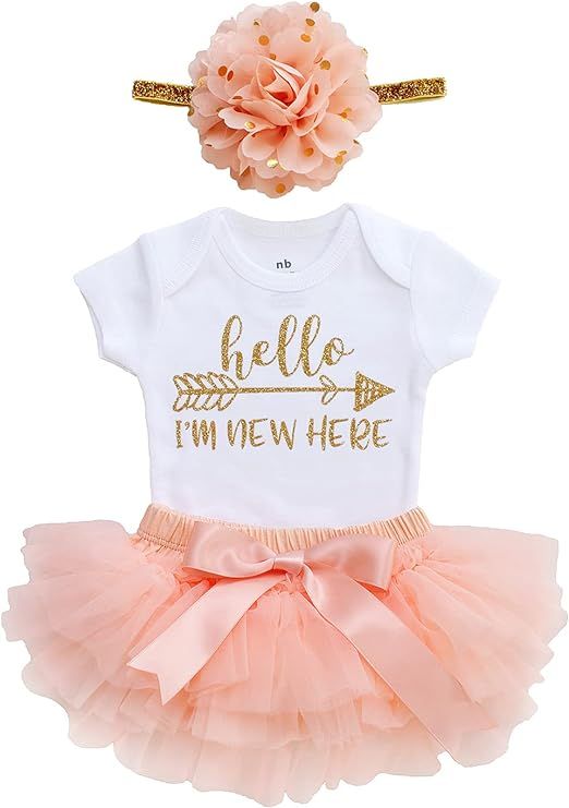 OoSweetCharlotteoO Newborn Baby Girl Coming Home Outfit Hello I am New here Bodysuits 3pcs (Newbo... | Amazon (US)