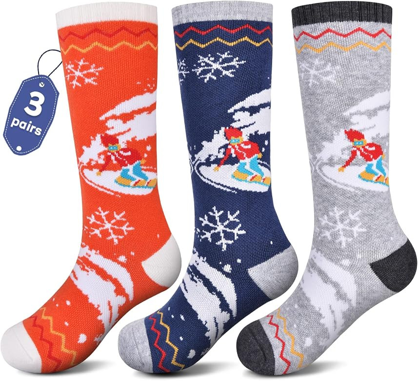 Merino Wool Kids Ski Socks, 3PC Winter Warm Snow Socks Skiing Snowboarding, Thermal OTC Warm Sock... | Amazon (US)