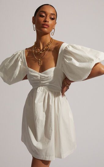 Vashti Mini Dress - Puff Sleeve Sweetheart Dress in Off White | Showpo (US, UK & Europe)