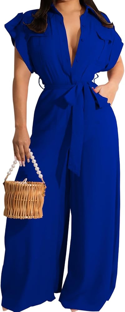Women's Casual Long Sleeve Round Neck Jumpsuits Work Wide Leg Pants Club Party Loose Rompers | Amazon (US)