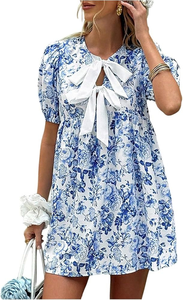 SOLY HUX Women's Floral Mini Dress Bow Tie Front Puff Short Sleeve Babydoll Flowy Summer Vacation... | Amazon (US)