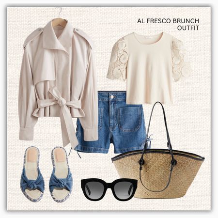 Al fresco brunch outfit 🍱 

‼️Don’t forget to tap 🖤 to add this post to your favorites folder below and come back later to shop

Make sure to check out the size reviews/guides to pick the right size

Short cropped trench coat, denim shorts, tshirt with embroidered sleeves, denim flat sandals, raffia tote bag 

#LTKSeasonal #LTKStyleTip