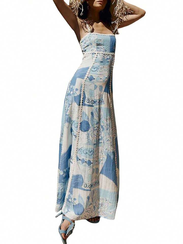 Women Cotton Long Dress Casual Summer Vintage Floral Print Sleeveless Tie Back A-Line Party Dress Boho Sundress For Vacation Beach Streetwear | SHEIN
